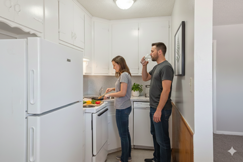 A man and woman are standing in a kitchen with white cabinets and appliances.