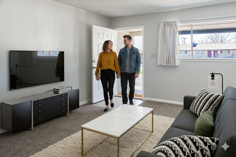A man and woman are standing in a living room with a television and a couch.