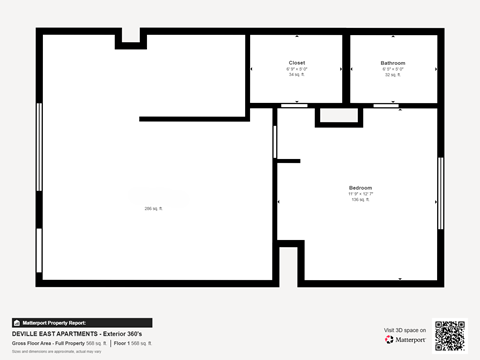 A floor plan of a 30% exteriors property with a closet, bathroom and bedroom.