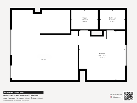 A floor plan of a one bedroom apartment with a closet and bathroom.