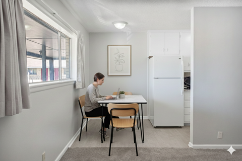 A man is sitting at a table in a kitchen.