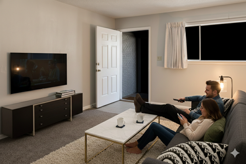 Two people sitting on a couch in a living room with a television on a cabinet.