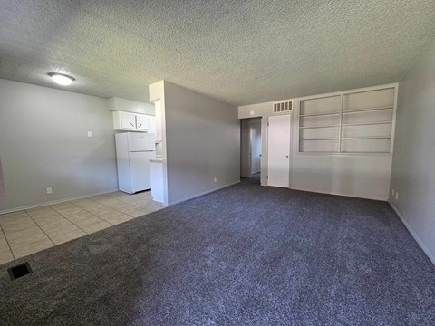 A sparsely furnished room with a grey carpet and white walls.