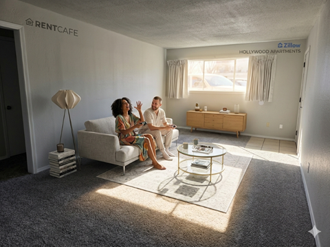 Two people sitting on a couch in a living room.