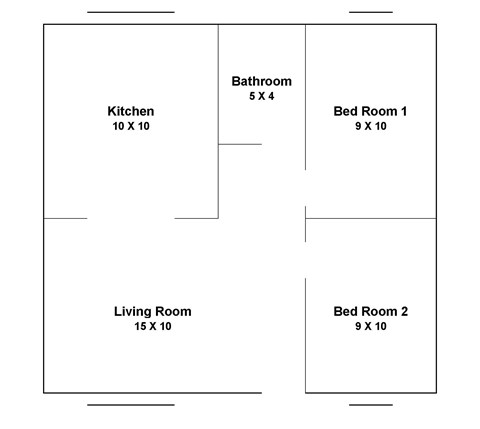 A floor plan of a house with a kitchen, two bathrooms, two bedrooms, and a living room.