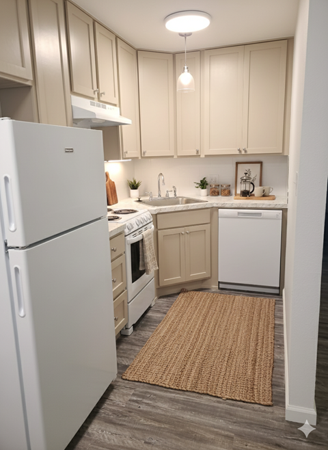 A white refrigerator stands in a kitchen with wooden cabinets and a brown rug on the floor.