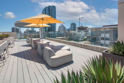 Rooftop lounge seating area at Idea1 Apartments in in San Diego CA