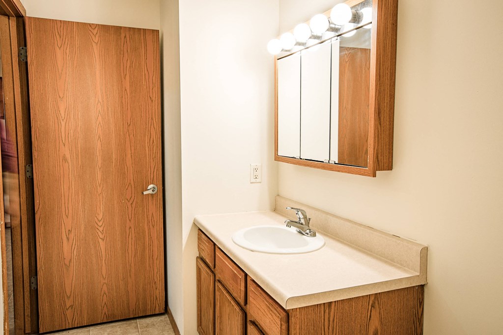 A bathroom with a sink and a mirror.