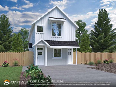 A modern white house with a black roof and a small porch.