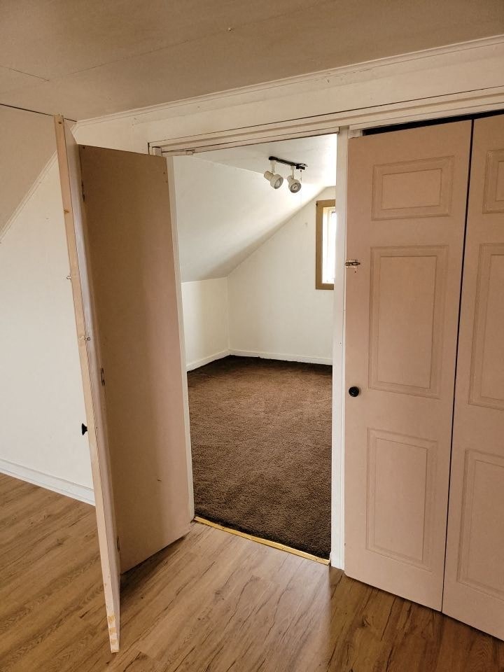 an attic door is open to a room with a carpet