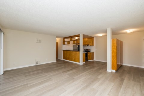 A spacious room with a kitchenette in the corner.