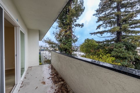A balcony with a view of trees and a cloudy sky.