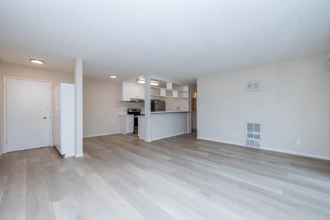 A spacious room with a kitchen area in the background.