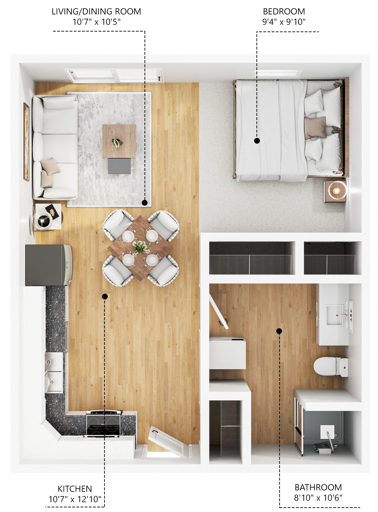A diagram of a small apartment with a living room, kitchen, bedroom and bathroom.