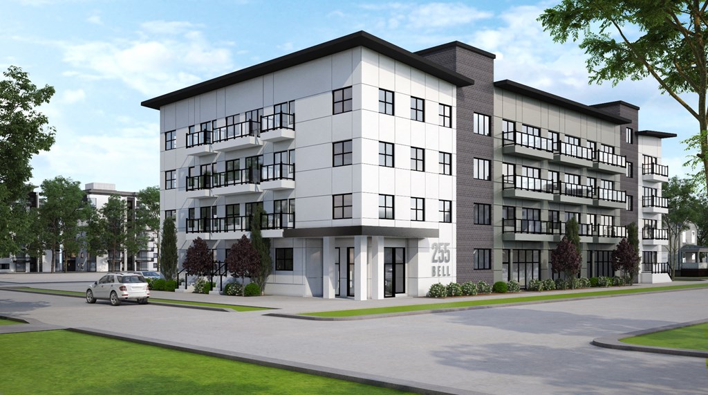 a rendering of a four story apartment building with a car parked in front of it