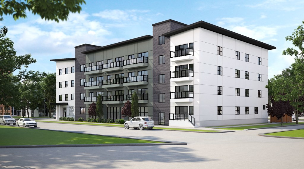 a rendering of a new apartment building on the corner of a street