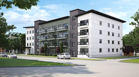 a rendering of a new apartment building on the corner of a street