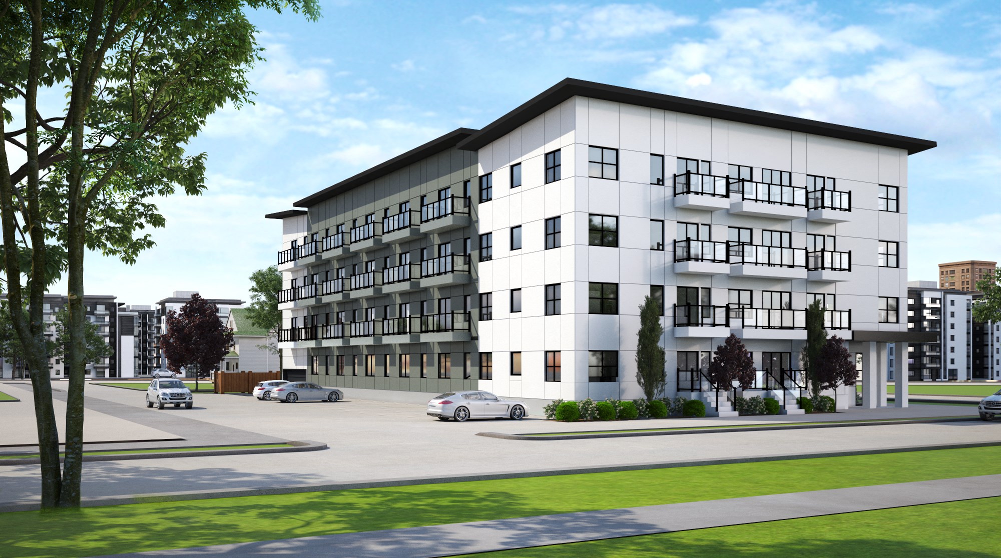 a rendering of a white apartment building on a city street