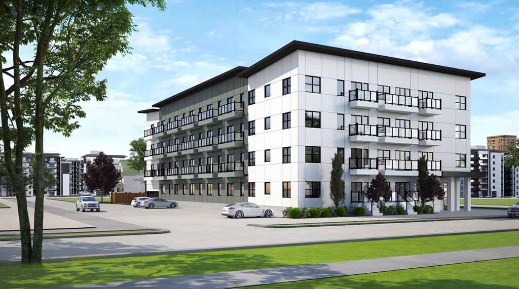 a rendering of a white apartment building on a city street