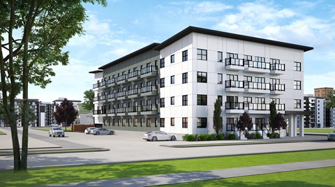 a rendering of a white apartment building on a city street