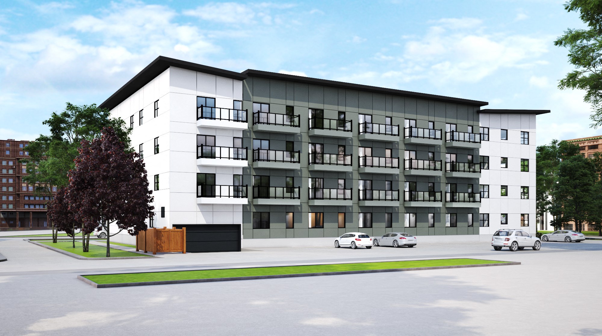 a rendering of a white apartment building with cars parked in front of it