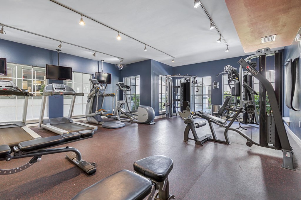 a gym with weights and cardio equipment and a tv