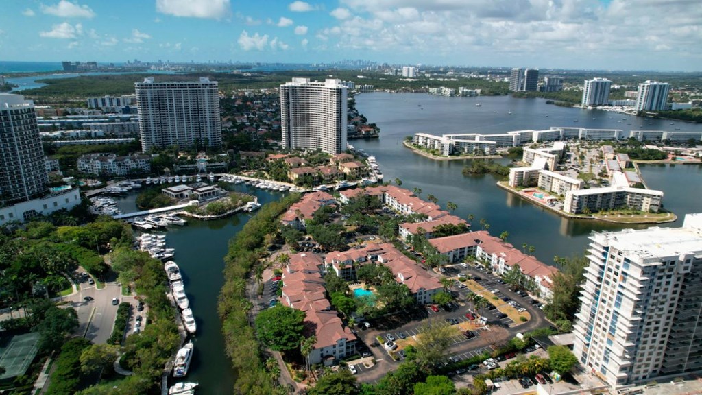 an aerial view and the water