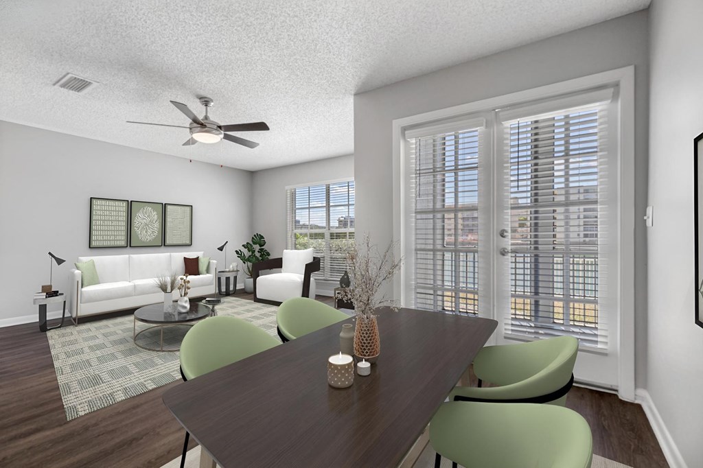 an open living room with a dining room table