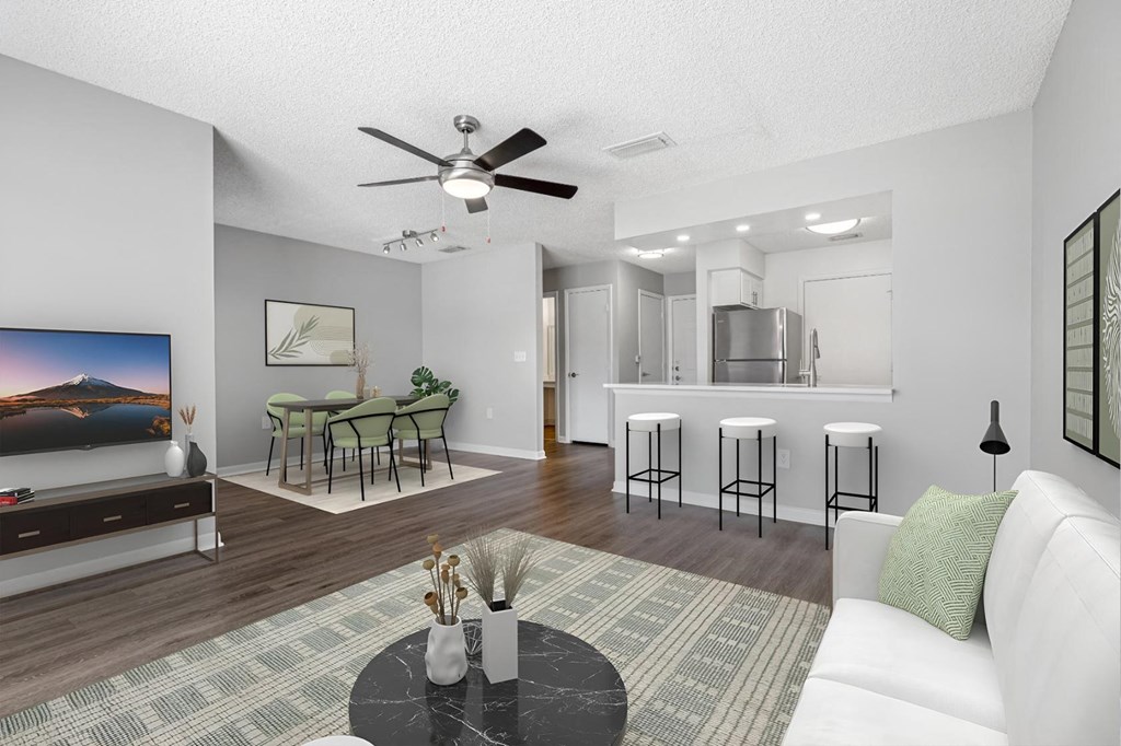 a living room with a couch and a table