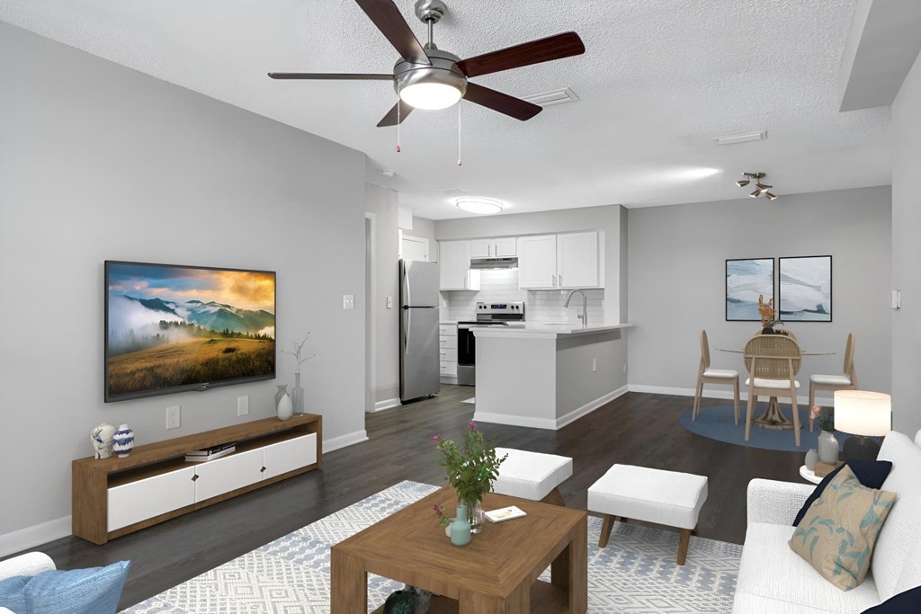 a living room with a couch and a table