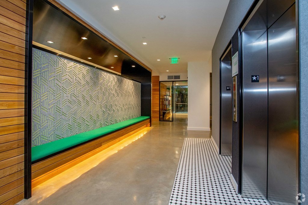 This is a view of the elevator Lobby  at Grand Flats, St. Louis