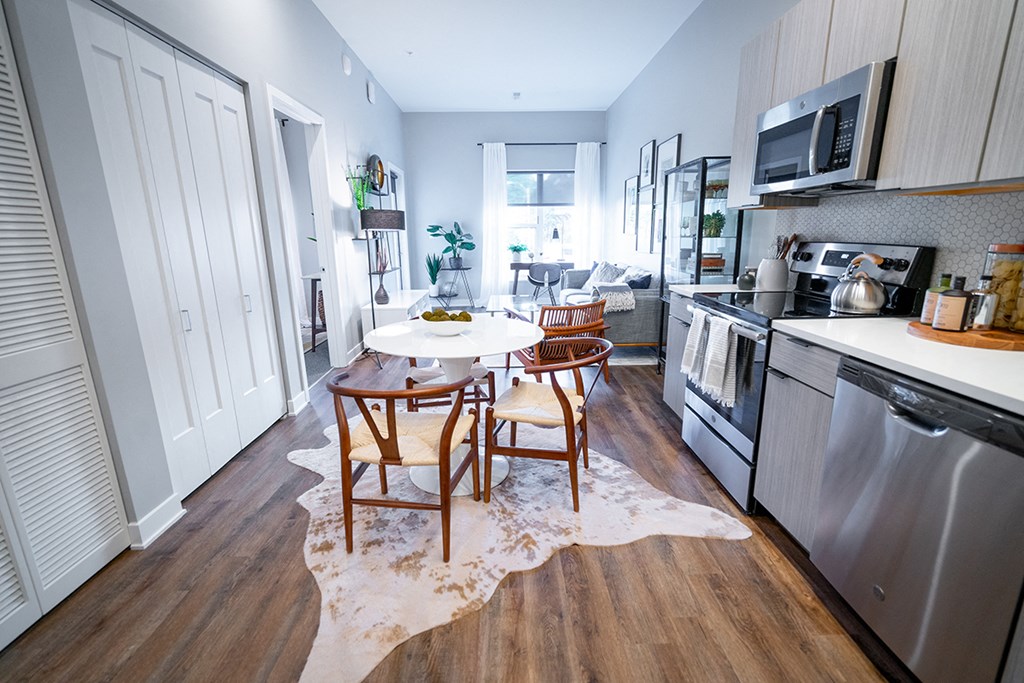 This is an alternate view of the breakfast area in the kitchen of a model apartment  at Grand Flats, St. Louis, Missouri