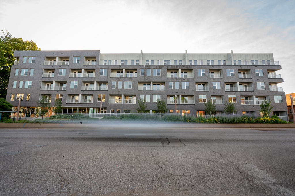 You are viewing the outside of the front of the  building  at Grand Flats, St. Louis, Missouri