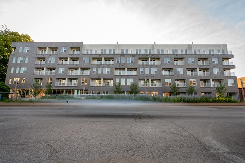You are viewing the outside of the front of the  building  at Grand Flats, St. Louis, Missouri