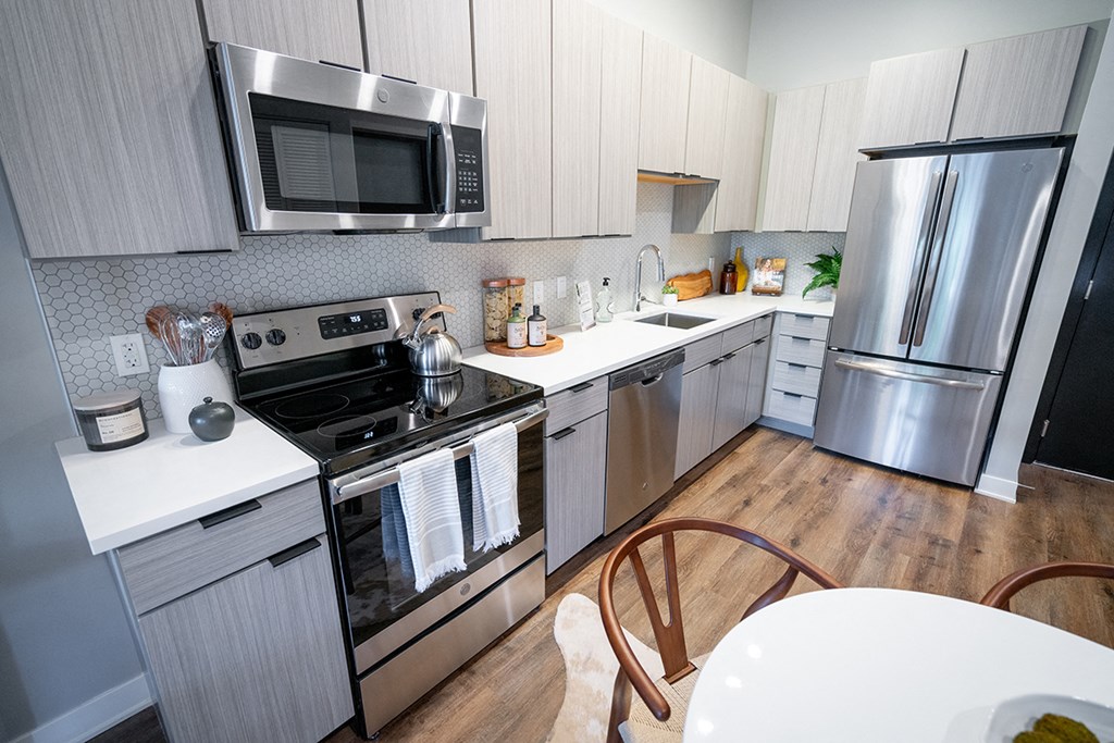Here we have a closer look at the kitchen appliances, cabinets and countertops  at Grand Flats, St. Louis, MO, 63104