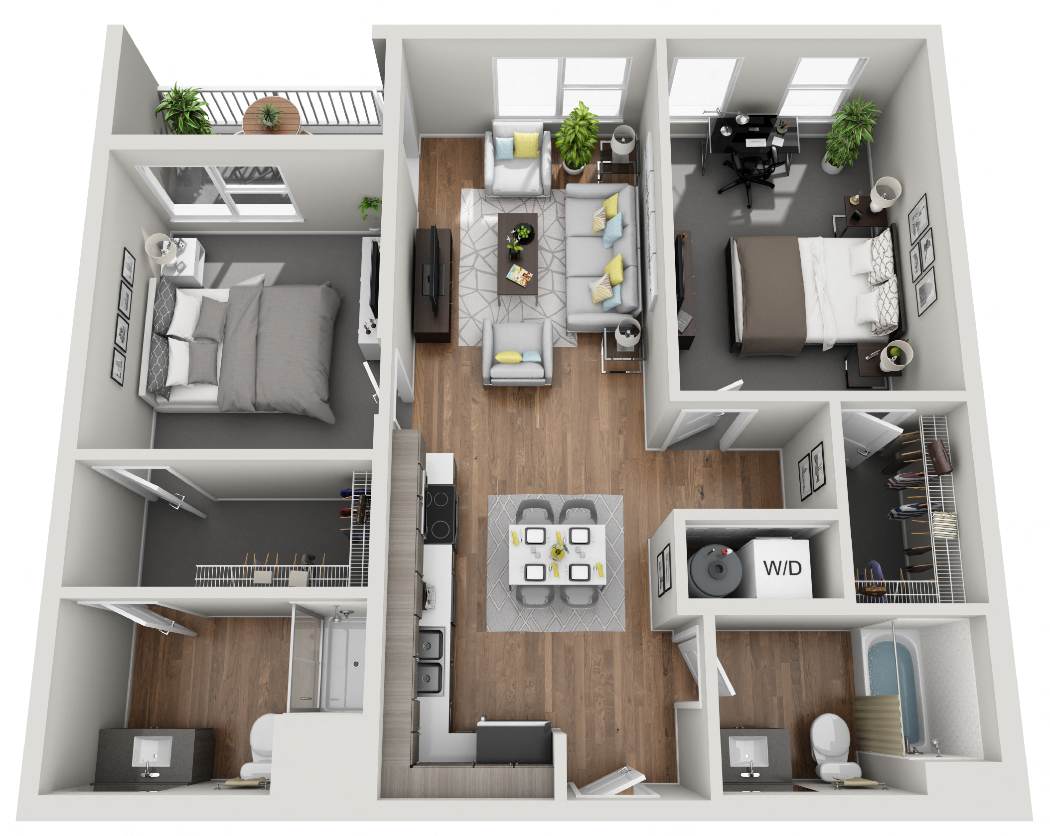 2D 2  Bed   2  Bath   986 Sq. Ft.  Floor Plan at Grand Flats, St. Louis, MO, 63104