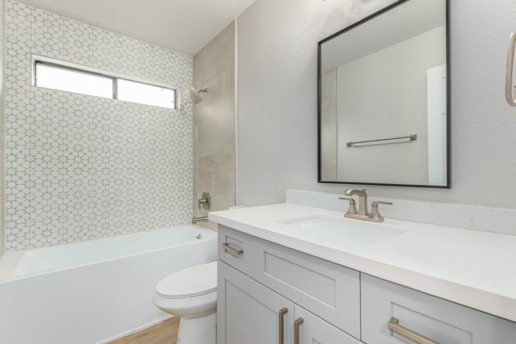 a bathroom with a sink and a mirror and a tub