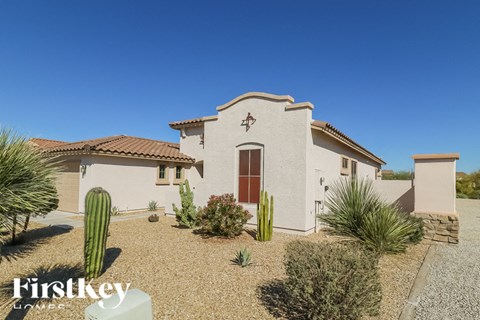A house with a brown roof and a brown door is surrounded by plants and a cactus.