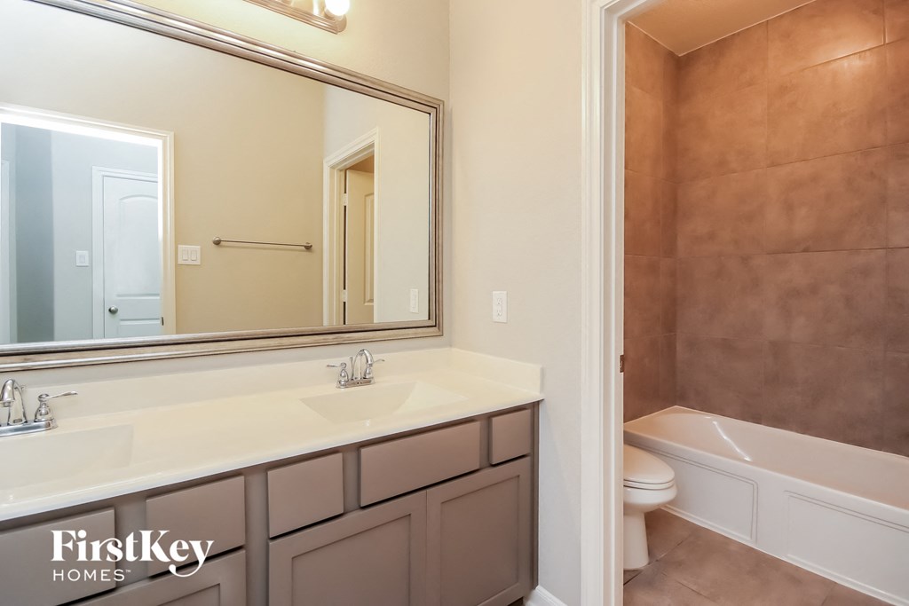a bathroom with a sink and a mirror and a tub and a toilet
