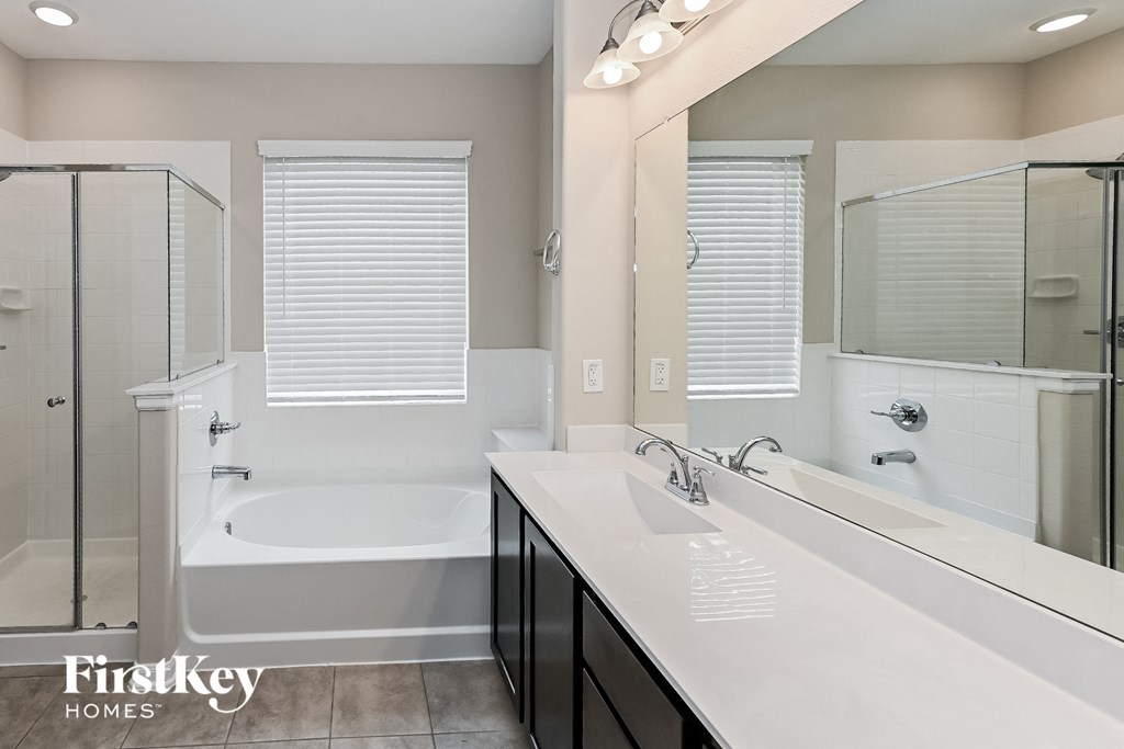 a bathroom with a sink and a shower and a bath tub