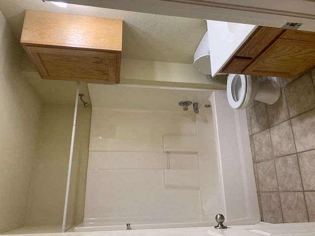 a bathroom with a shower and a toilet and a sink