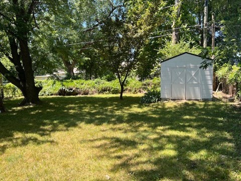 a shed in the grass next to a tree