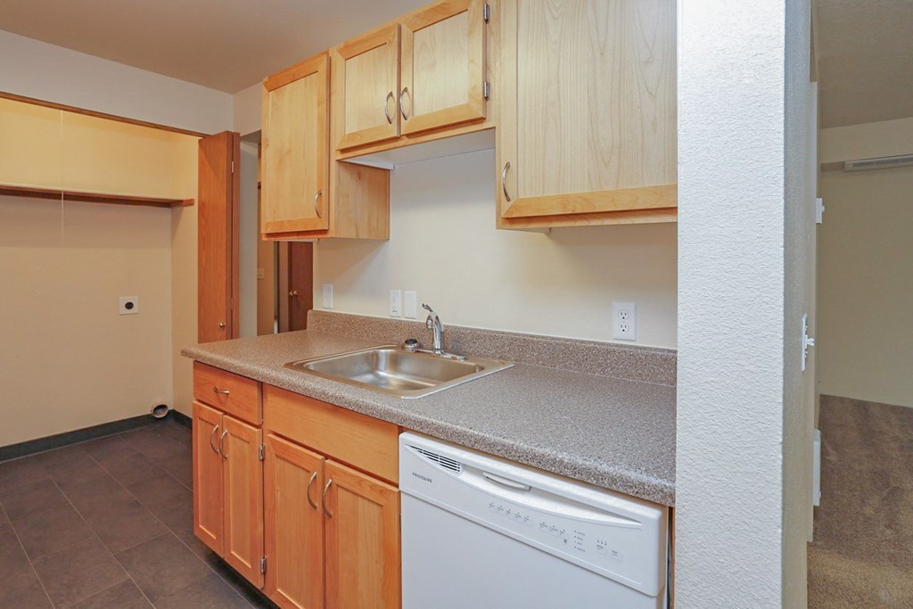 a kitchen with wooden cabinets and a sink and a dishwasher