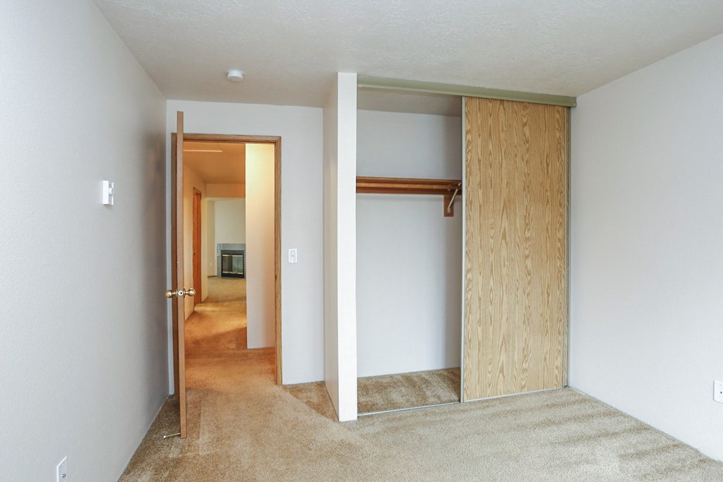 a bedroom with a carpeted floor and a closet with sliding doors