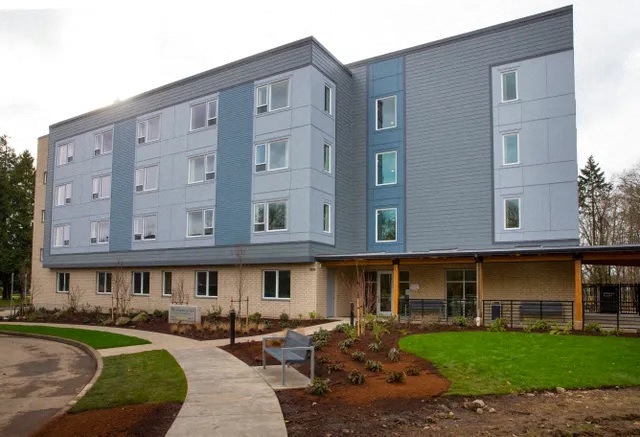 a courtyard in front of a building