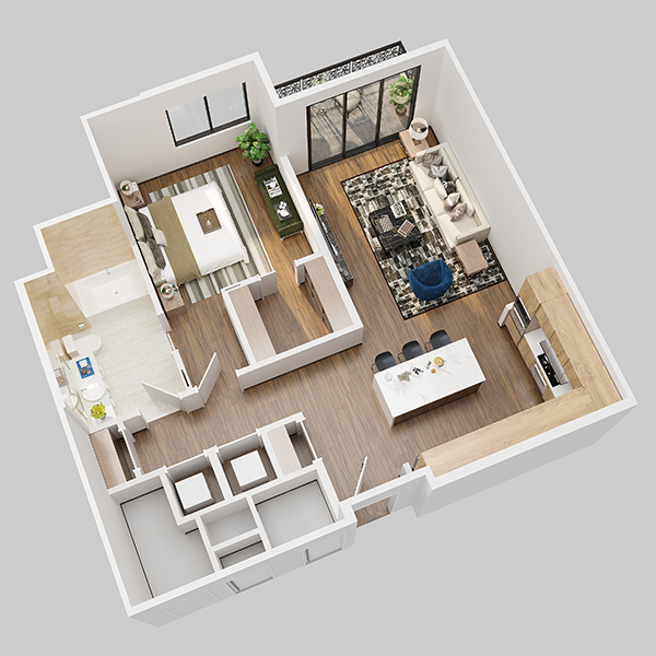 an overhead view of a 3d floor plan of a house