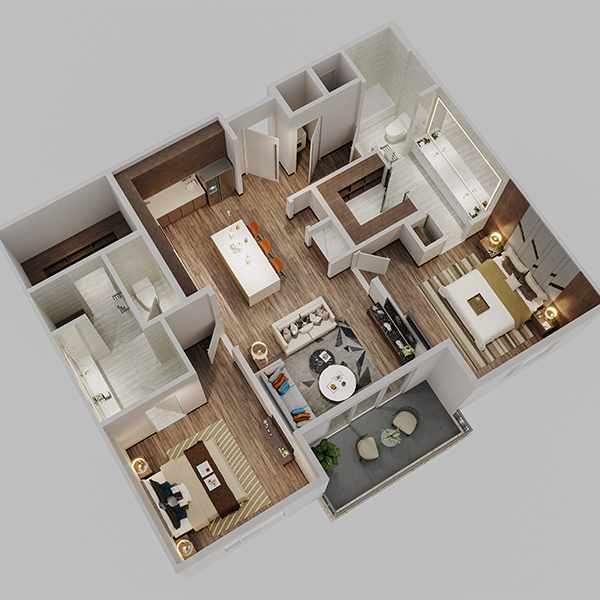 3d floor plan of a bedroom and living room