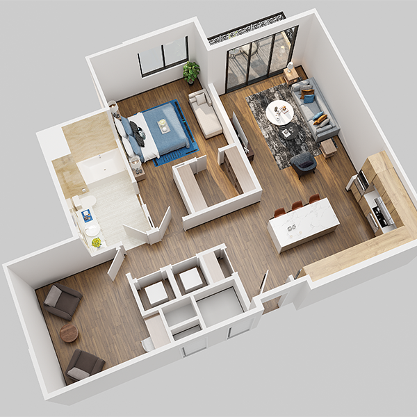 an overhead view of a 3d floor plan of a house
