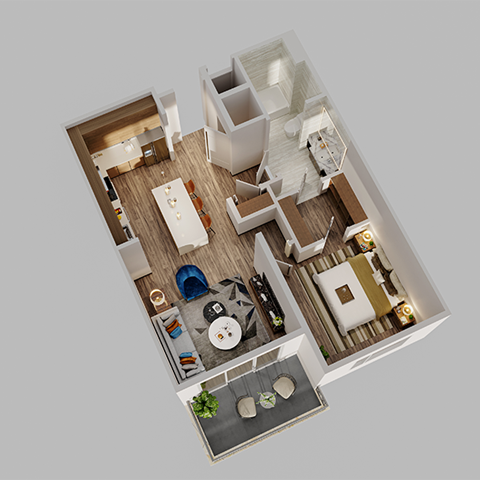 a 3d floor plan of a house with a bedroom and a living room