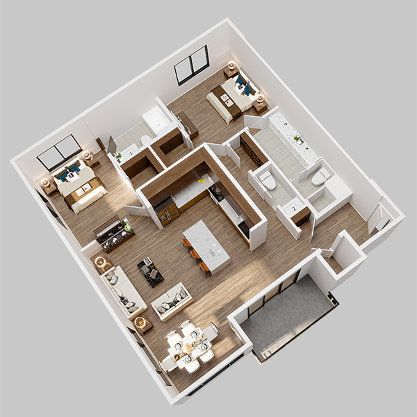 an overhead view of a 3d floor plan of a house